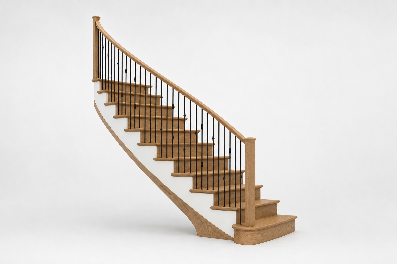 Curved wooden staircase with light treads, black metal spindles, and a wood handrail.